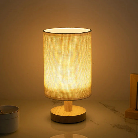 Contemporary Nordic Cylinder Solid Wood Fabric LED Table Lamp For Bedroom