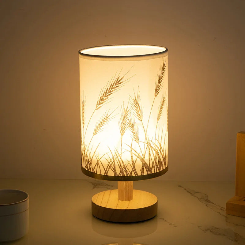 Contemporary Nordic Cylinder Solid Wood Fabric LED Table Lamp For Bedroom