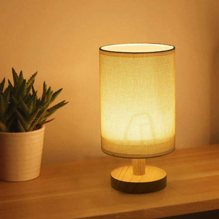 Contemporary Nordic Cylinder Solid Wood Fabric LED Table Lamp For Bedroom