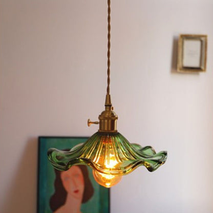 Traditional Vintage Flower Round Glass Brass 1-Light Pendant Light For Living Room