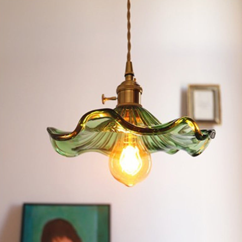 Traditional Vintage Flower Round Glass Brass 1-Light Pendant Light For Living Room