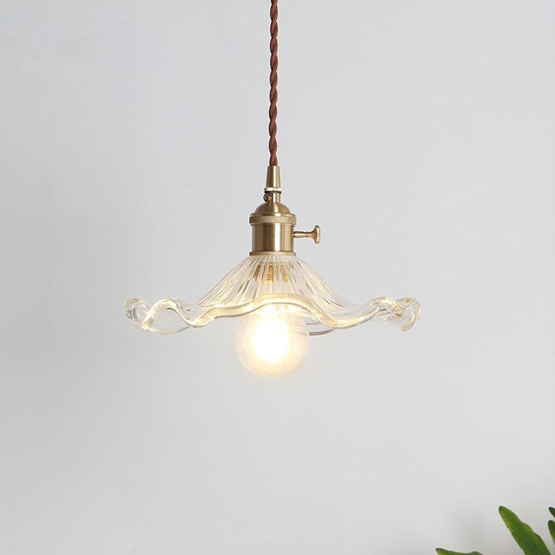 Traditional Vintage Flower Round Glass Brass 1-Light Pendant Light For Living Room