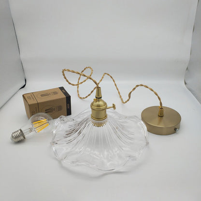Traditional Vintage Flower Round Glass Brass 1-Light Pendant Light For Living Room