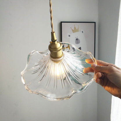 Traditional Vintage Flower Round Glass Brass 1-Light Pendant Light For Living Room