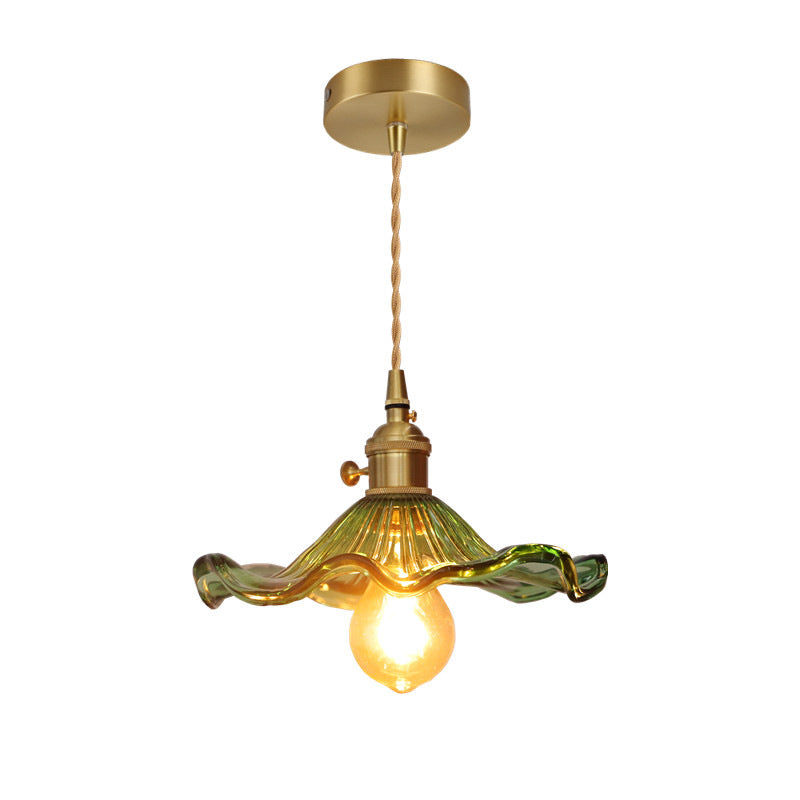 Traditional Vintage Flower Round Glass Brass 1-Light Pendant Light For Living Room