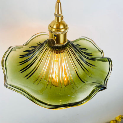 Traditional Vintage Flower Round Glass Brass 1-Light Pendant Light For Living Room