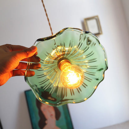 Traditional Vintage Flower Round Glass Brass 1-Light Pendant Light For Living Room