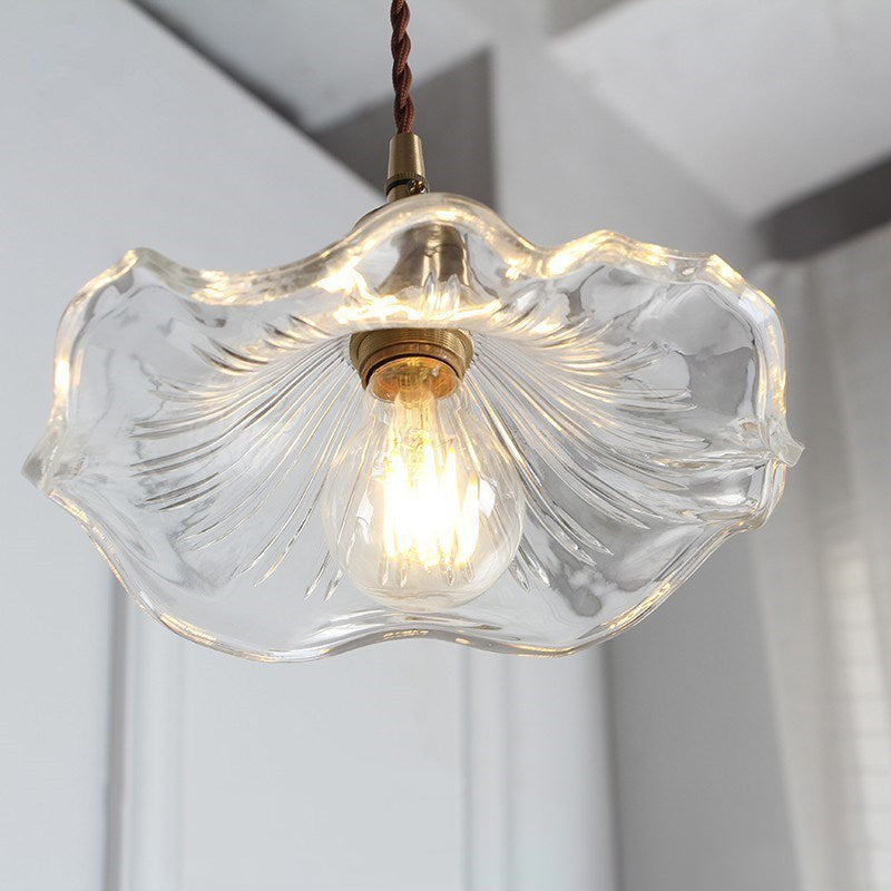 Traditional Vintage Flower Round Glass Brass 1-Light Pendant Light For Living Room