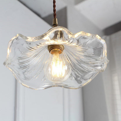 Traditional Vintage Flower Round Glass Brass 1-Light Pendant Light For Living Room