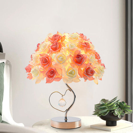 Contemporary Creative Flower Dome Fabric Metal Crystal 1-Light Table Lamp For Bedroom
