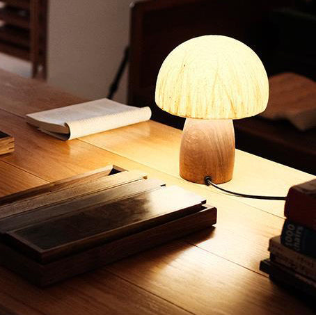 Traditional Vintage Mushroom Paper Solid Wood 1-Light Table Lamp For Bedroom