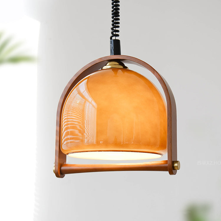 Traditional Vintage Dome Solid Wood Glass 1-Light Pendant Light For Bedroom
