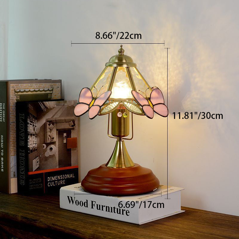Traditional Vintage Butterfly Cone Glass Metal Solid Wood 1-Light Table Lamp For Bedroom