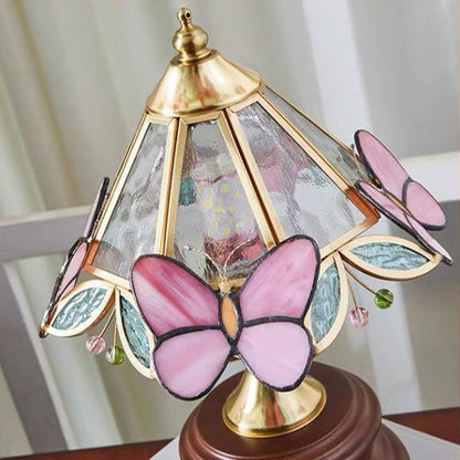 Traditional Vintage Butterfly Cone Glass Metal Solid Wood 1-Light Table Lamp For Bedroom