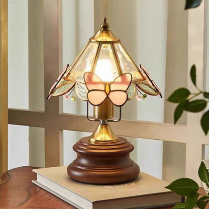 Traditional Vintage Butterfly Cone Glass Metal Solid Wood 1-Light Table Lamp For Bedroom