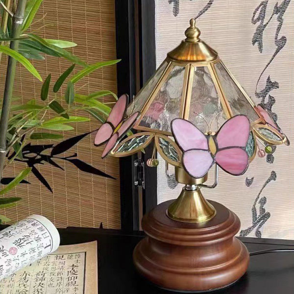 Traditional Vintage Butterfly Cone Glass Metal Solid Wood 1-Light Table Lamp For Bedroom