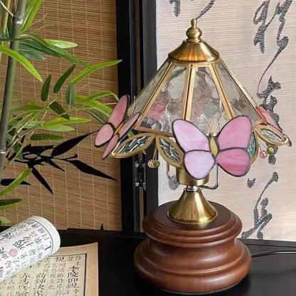 Traditional Vintage Butterfly Cone Glass Metal Solid Wood 1-Light Table Lamp For Bedroom