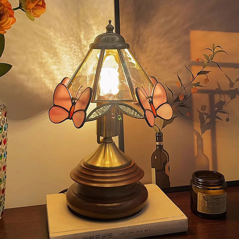Traditional Vintage Butterfly Cone Glass Metal Solid Wood 1-Light Table Lamp For Bedroom