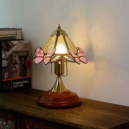 Traditional Vintage Butterfly Cone Glass Metal Solid Wood 1-Light Table Lamp For Bedroom