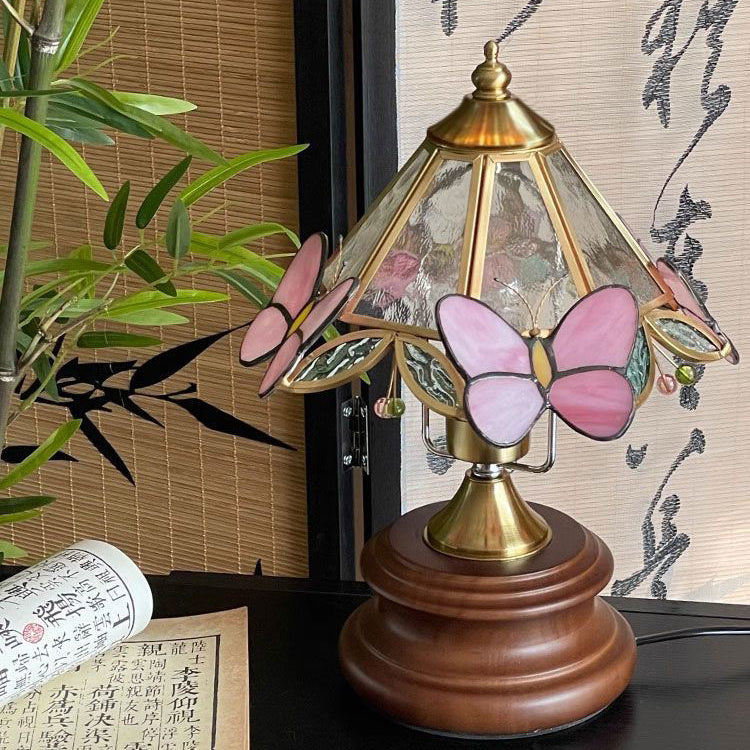 Traditional Vintage Butterfly Cone Glass Metal Solid Wood 1-Light Table Lamp For Bedroom