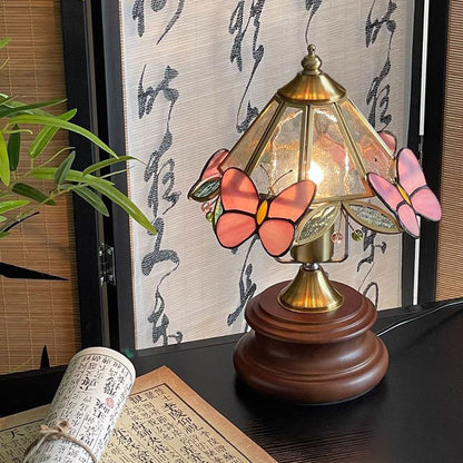 Traditional Vintage Butterfly Cone Glass Metal Solid Wood 1-Light Table Lamp For Bedroom