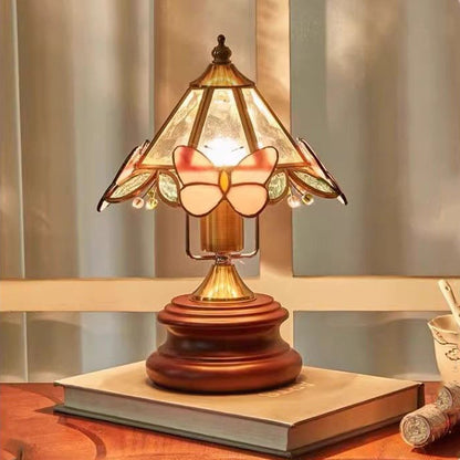 Traditional Vintage Butterfly Cone Glass Metal Solid Wood 1-Light Table Lamp For Bedroom