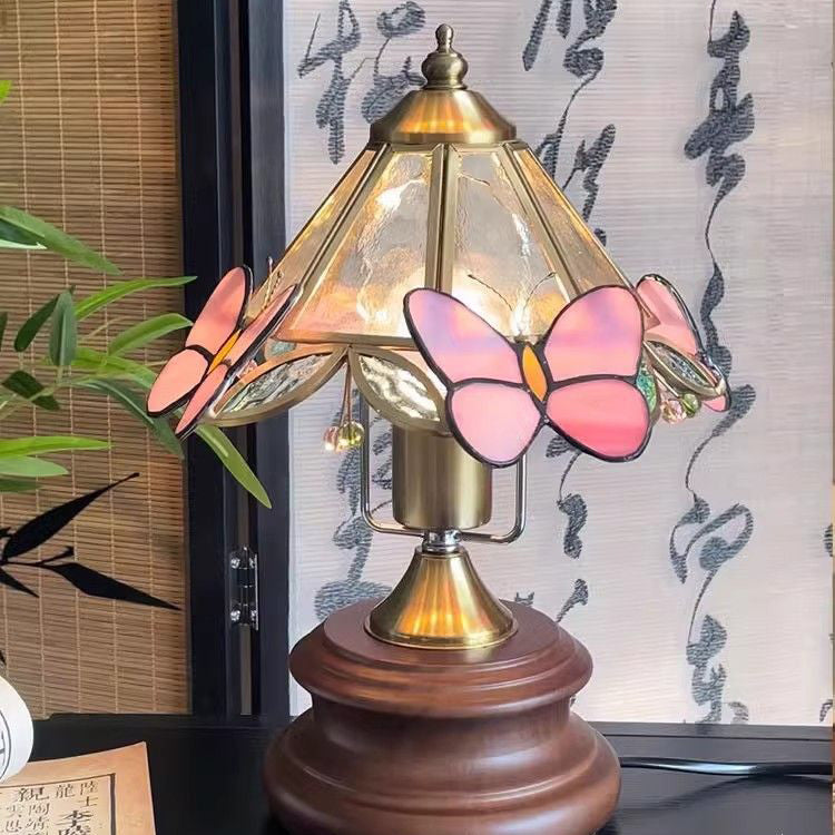 Traditional Vintage Butterfly Cone Glass Metal Solid Wood 1-Light Table Lamp For Bedroom