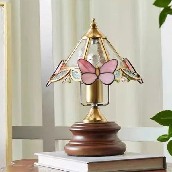 Traditional Vintage Butterfly Cone Glass Metal Solid Wood 1-Light Table Lamp For Bedroom