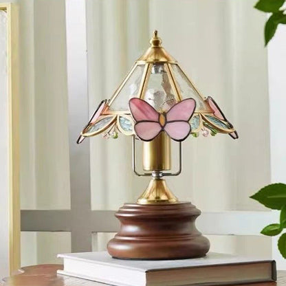 Traditional Vintage Butterfly Cone Glass Metal Solid Wood 1-Light Table Lamp For Bedroom