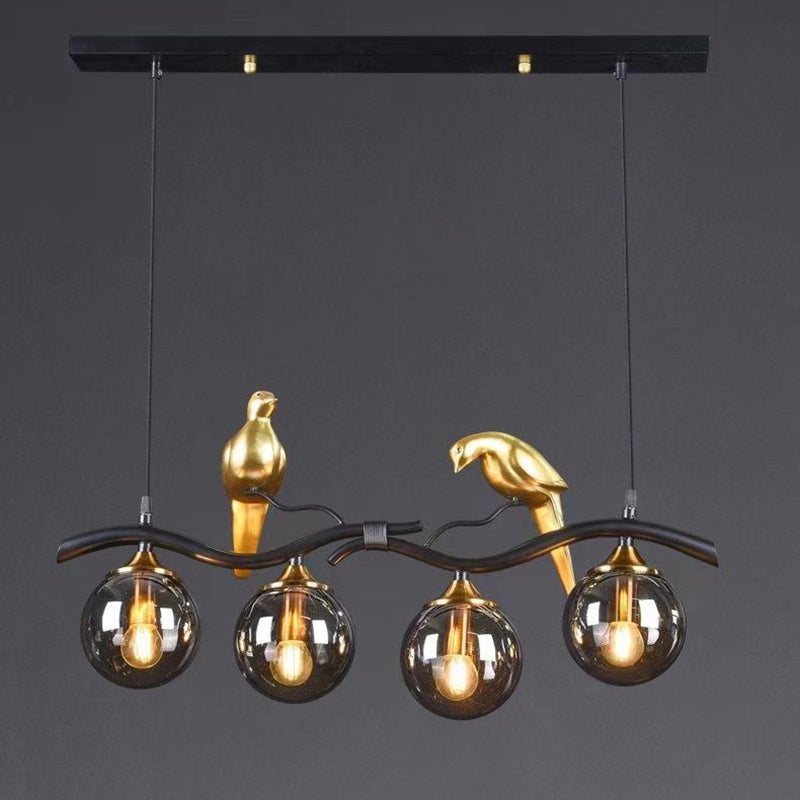 Contemporary Creative Bird Sphere Iron Glass Resin 4-Light Chandelier Island Light For Living Room