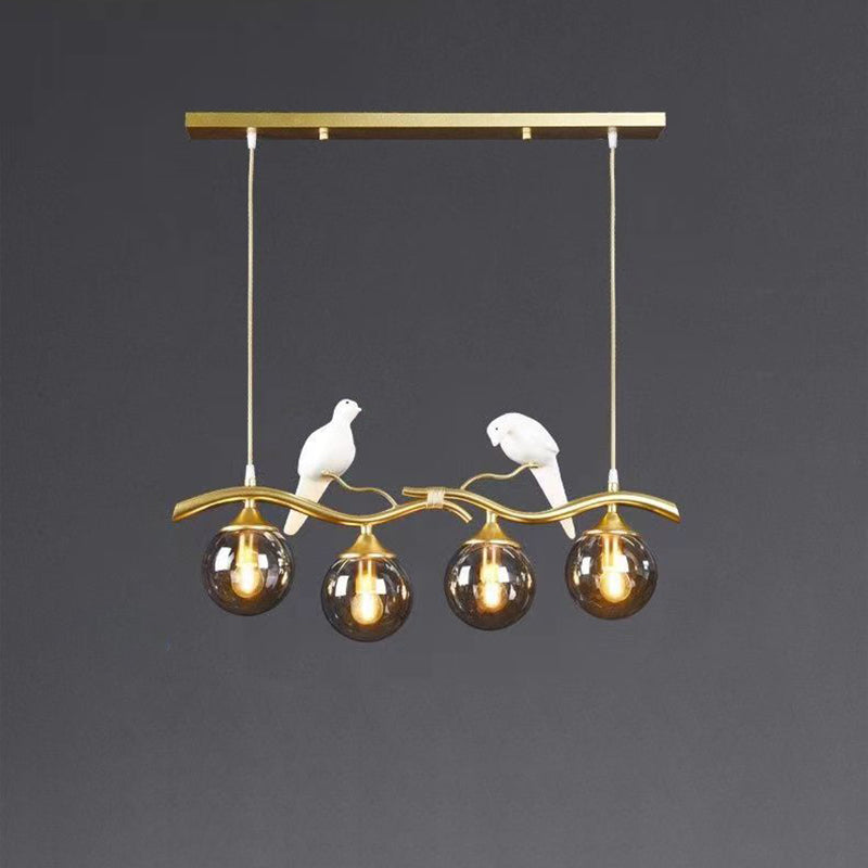 Contemporary Creative Bird Sphere Iron Glass Resin 4-Light Chandelier Island Light For Living Room