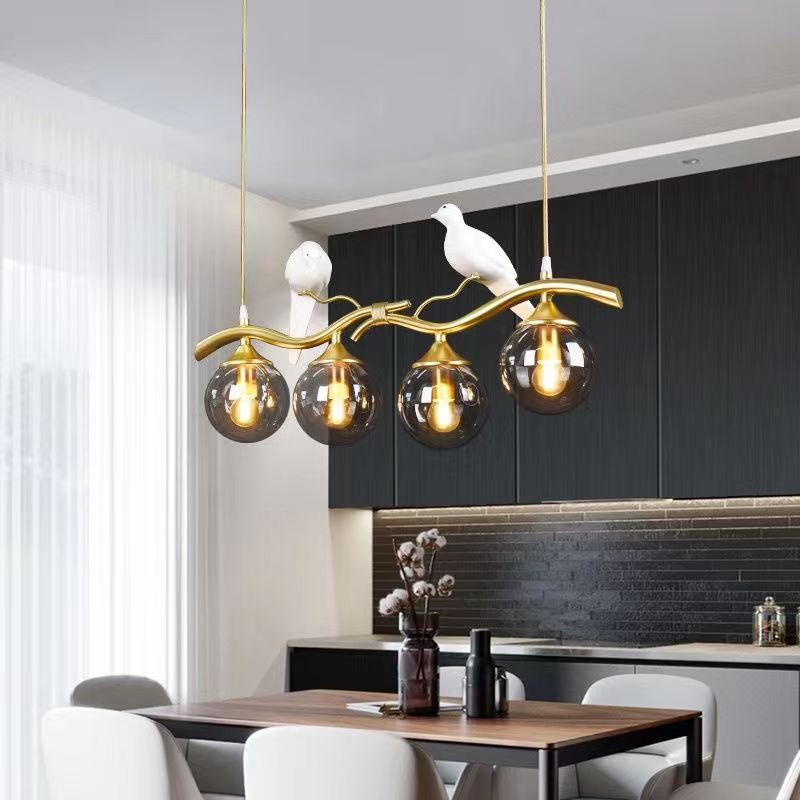Contemporary Creative Bird Sphere Iron Glass Resin 4-Light Chandelier Island Light For Living Room