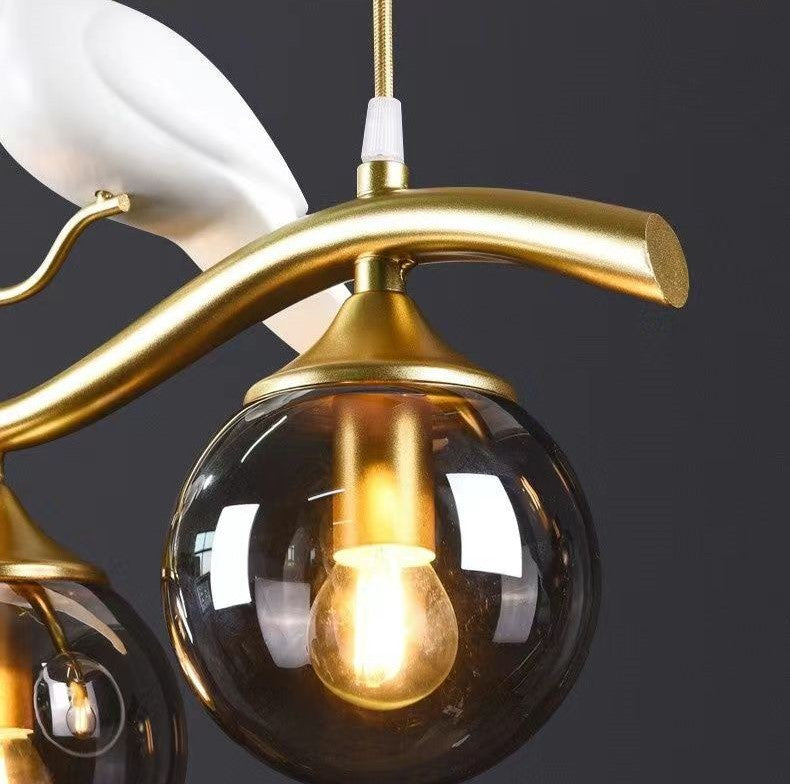 Contemporary Creative Bird Sphere Iron Glass Resin 4-Light Chandelier Island Light For Living Room