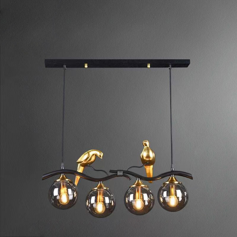 Contemporary Creative Bird Sphere Iron Glass Resin 4-Light Chandelier Island Light For Living Room
