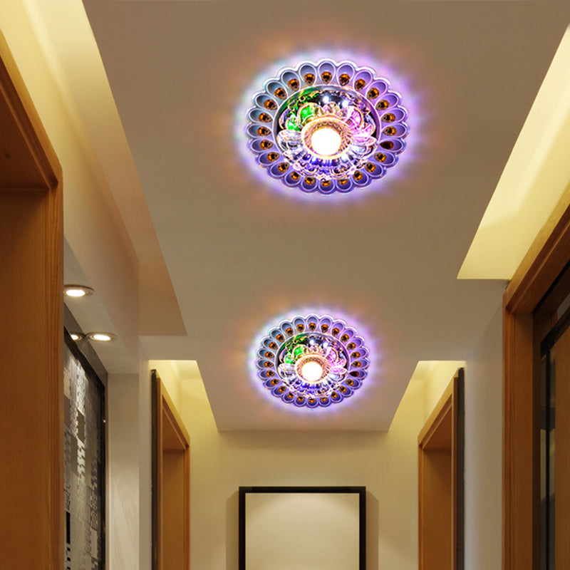 Contemporary Creative Round Crystal Glass Acrylic Stainless Steel LED Flush Mount Ceiling Light For Hallway