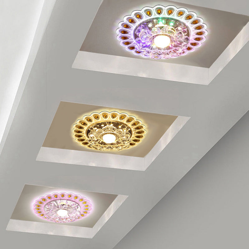 Contemporary Creative Round Crystal Glass Acrylic Stainless Steel LED Flush Mount Ceiling Light For Hallway