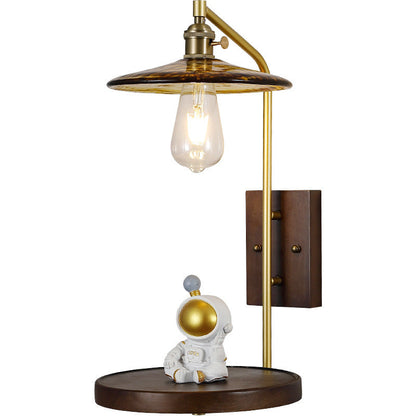 Contemporary Nordic Flying Saucer Rubberwood Iron Glass 1-Light Wall Sconce Lamp For Bedroom