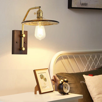 Contemporary Nordic Flying Saucer Rubberwood Iron Glass 1-Light Wall Sconce Lamp For Bedroom
