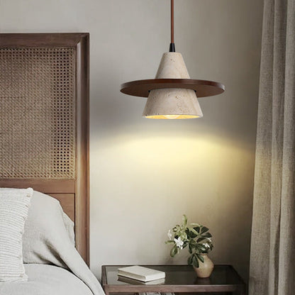 Traditional Vintage Cone Natural Yellow Travertine LED Pendant Light For Bedroom