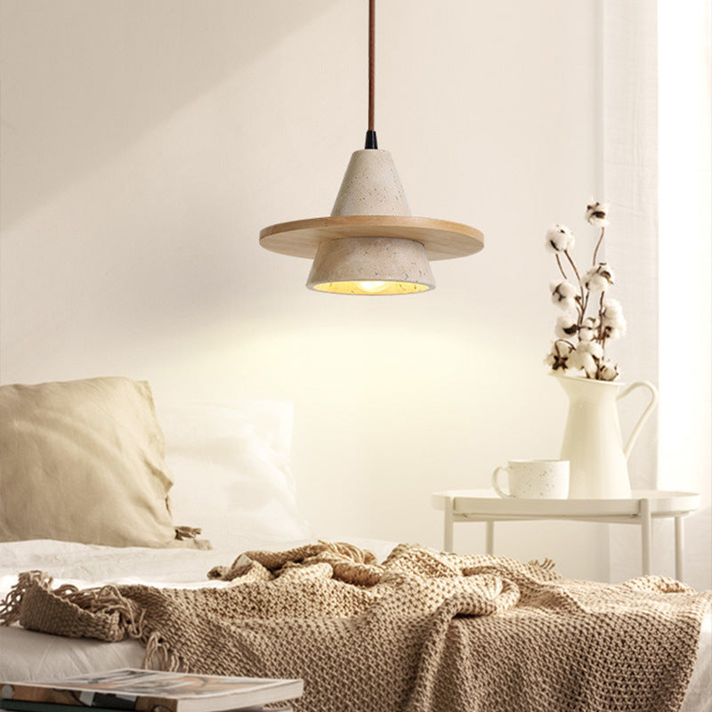 Traditional Vintage Cone Natural Yellow Travertine LED Pendant Light For Bedroom