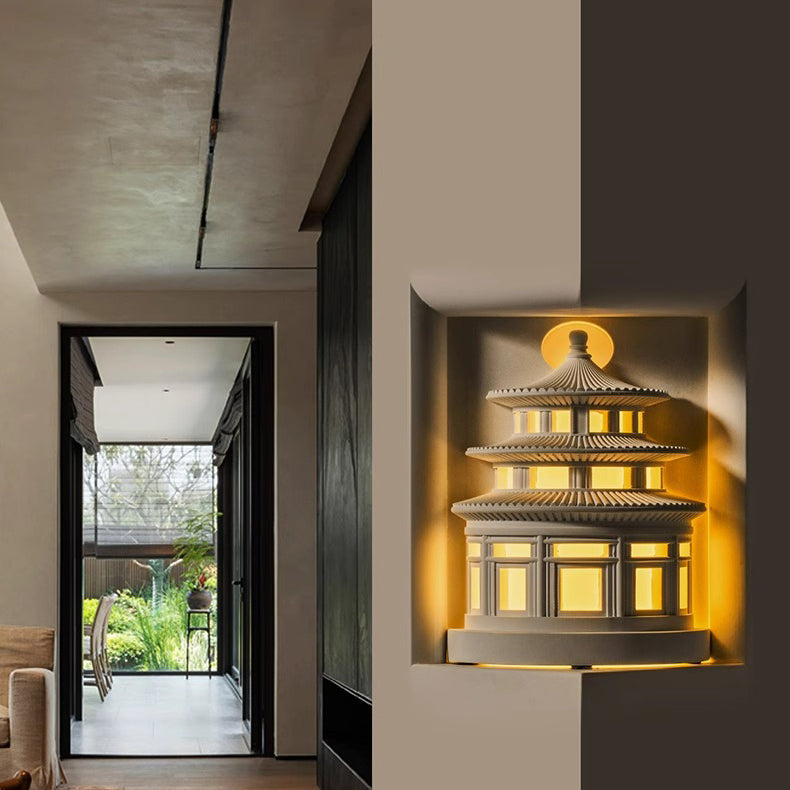 Traditional Chinese Loft Round Gypsum 1-Light Wall Sconce Lamp For Hallway