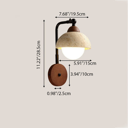 Traditional Japanese Dome Natural Yellow Travertine Solid Wood 1-Light Wall Sconce Lamp For Bedroom
