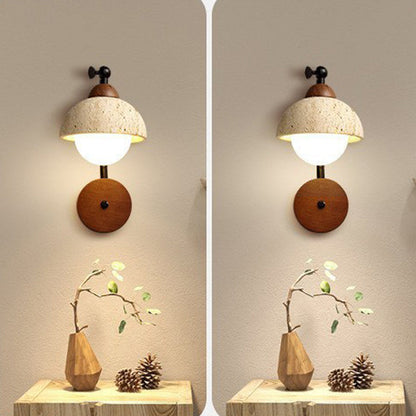 Traditional Japanese Dome Natural Yellow Travertine Solid Wood 1-Light Wall Sconce Lamp For Bedroom
