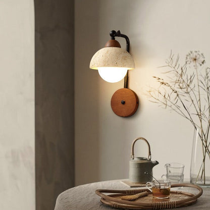 Traditional Japanese Dome Natural Yellow Travertine Solid Wood 1-Light Wall Sconce Lamp For Bedroom