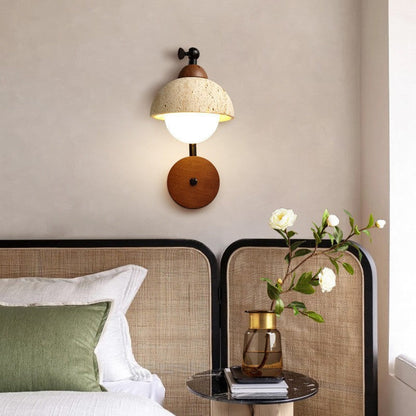 Traditional Japanese Dome Natural Yellow Travertine Solid Wood 1-Light Wall Sconce Lamp For Bedroom