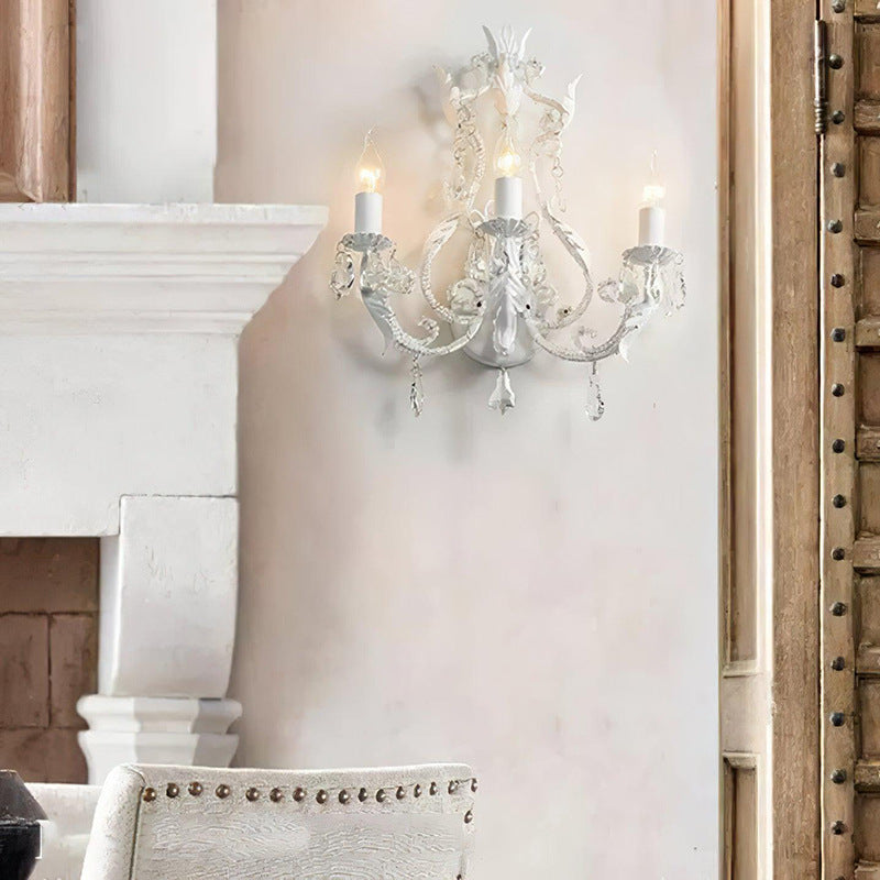 Traditional Vintage Candle Iron Crystal Glass 3-Light Wall Sconce Lamp For Living Room
