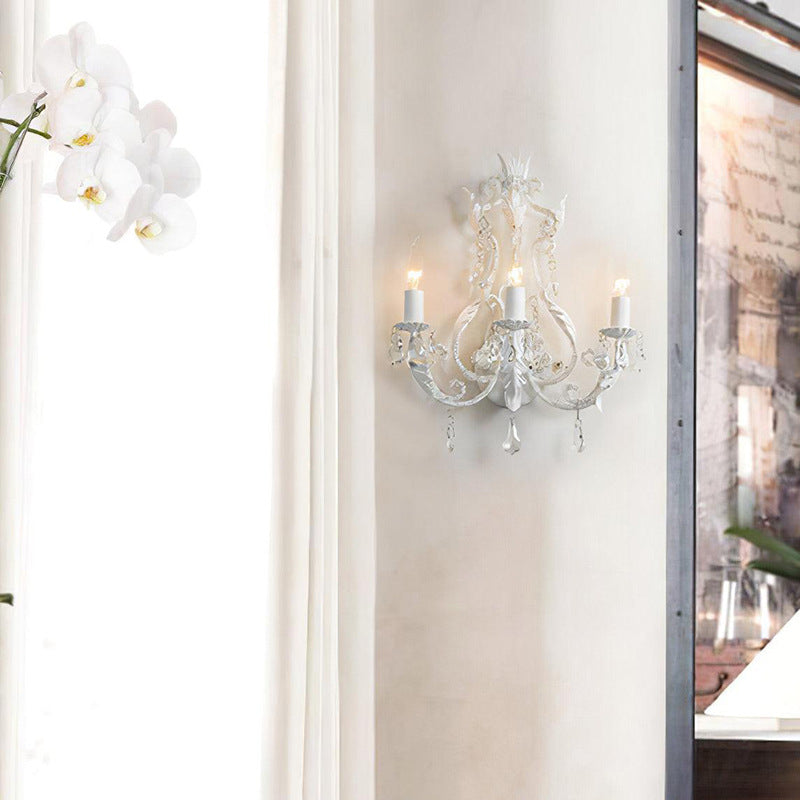 Traditional Vintage Candle Iron Crystal Glass 3-Light Wall Sconce Lamp For Living Room