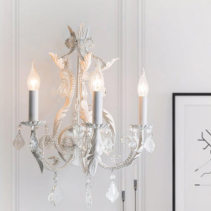 Traditional Vintage Candle Iron Crystal Glass 3-Light Wall Sconce Lamp For Living Room