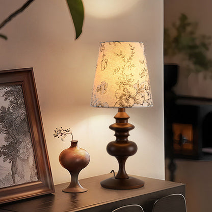 Traditional Vintage Frustum Cone Oak Fabric 1-Light Table Lamp For Bedroom