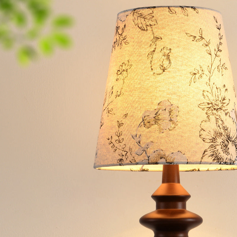 Traditional Vintage Frustum Cone Oak Fabric 1-Light Table Lamp For Bedroom
